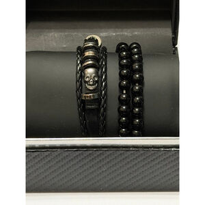 Men's American Exchange One Size Black Skull & Beaded Bracelet Set